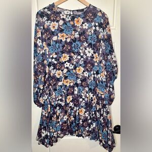 Storia Floral Print Long Sleeve Dress - Blue and Orange